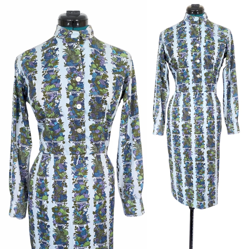 1950s Vintage Dress 50s Wiggle Cocktail Novelty Vegetable Garden XS Small Blue